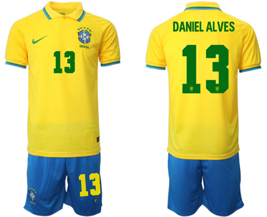 Men's Brazil #13 Daniel Alves Yellow Home Soccer Jersey Suit